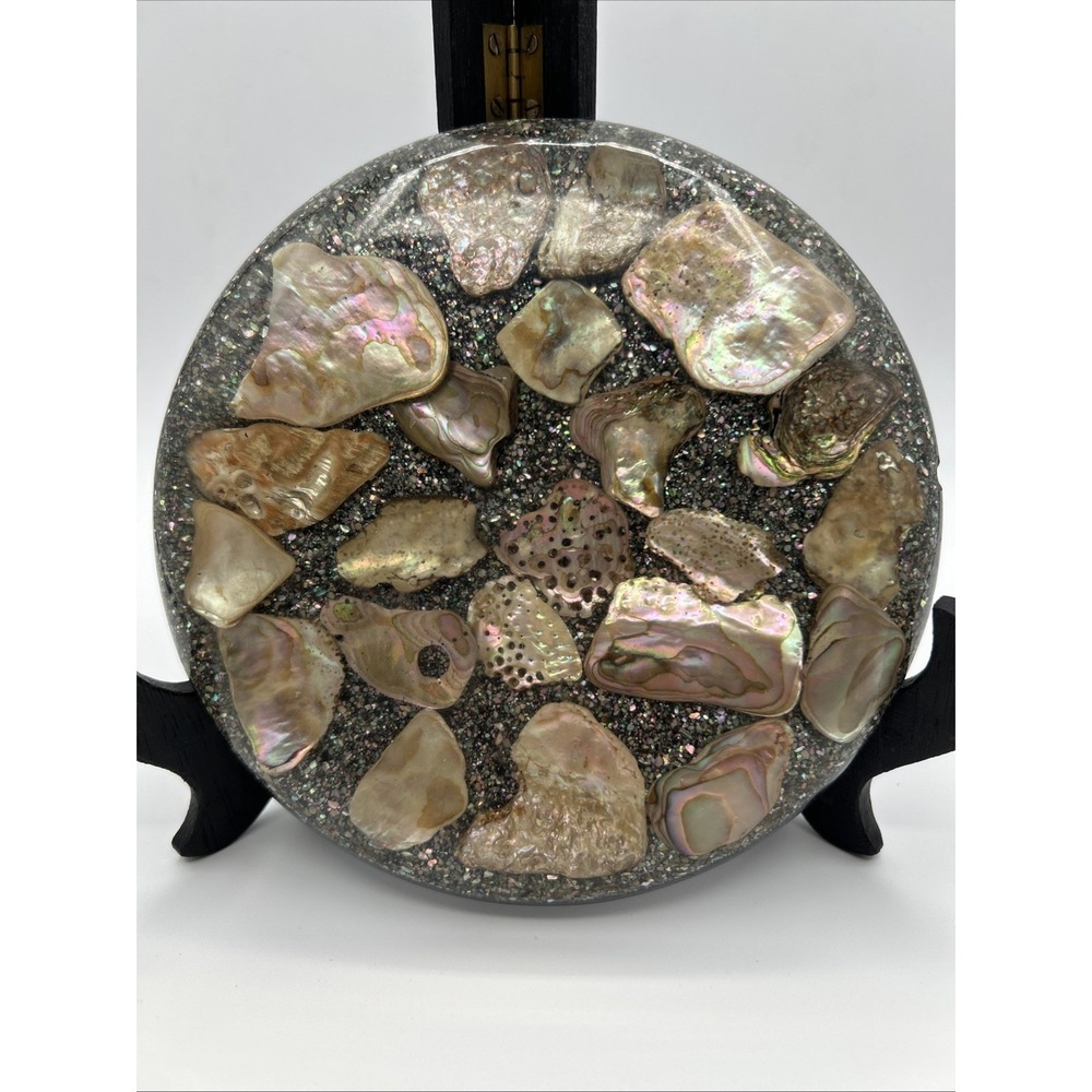 Vintage 1960's 5.5" Round Lucite Trivet w/ Abalone Seashells